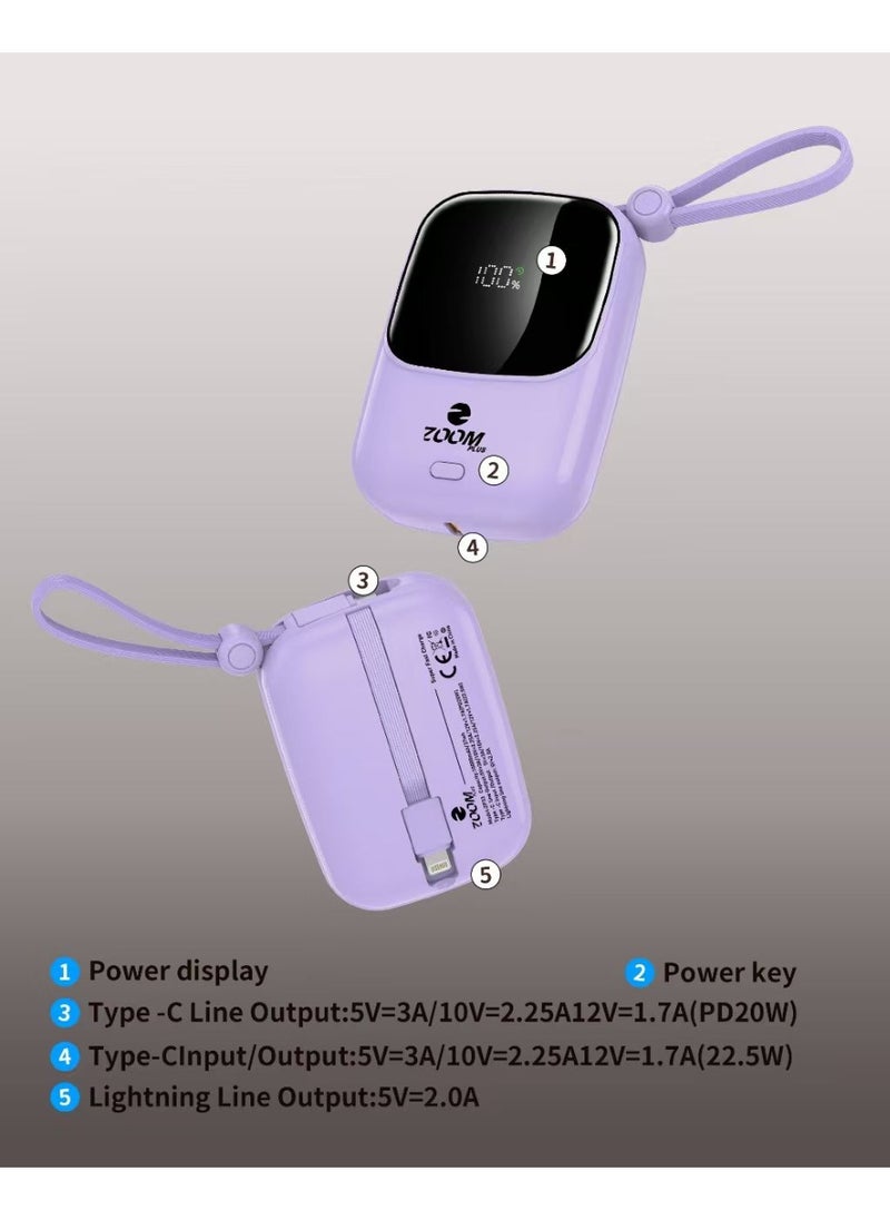ZP33 (FANCY) 10000mAh Digital Display Fast Charge Power Bank 22.5W With Built-in Dual-Cable Lightning And Type-C - Purple