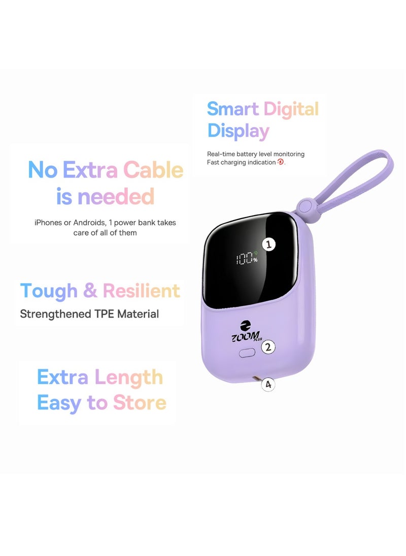 ZP33 (FANCY) 10000mAh Digital Display Fast Charge Power Bank 22.5W With Built-in Dual-Cable Lightning And Type-C - Purple