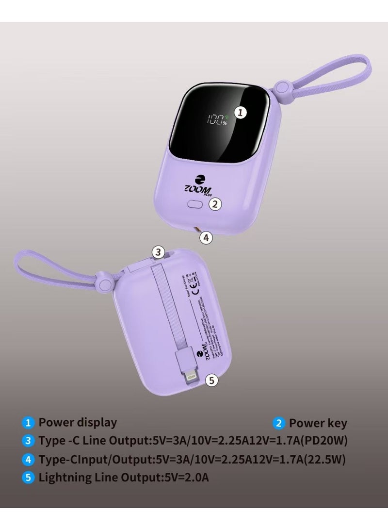 زوم بلس ZP33 (فاخر) بطارية شحن سريع 10000 مللي أمبير/ساعة، شاشة رقمية، 22.5 واط، مع كابلين مدمجين Lightning وType-C - بنفسجي - Image 3
