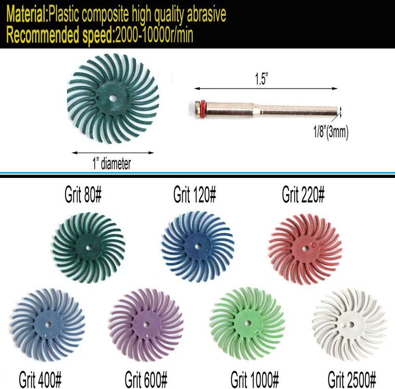 FPPO 30pcs 1 Inch Radial Bristle Disc Kit with 1/8" 3mm Shank for Rotary Tools,Detail Abrasive Wheel for Jewelry wood metal Polishing, Bristle Buffing Wheel (Grit 120) - Image 2