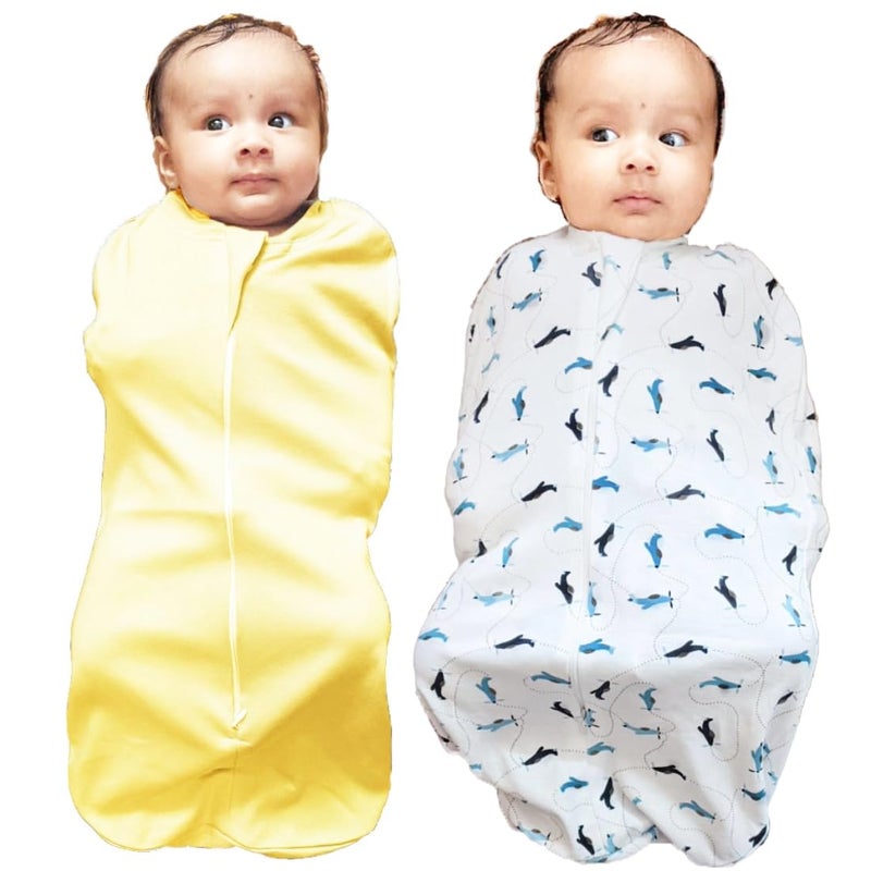 MammaChamp Zipper POD Swaddle Sleeping Sack Blankets Wrap Bag New Born Baby for 03 Months Pack of 2 Aeroplane Design Yellow - Image 1
