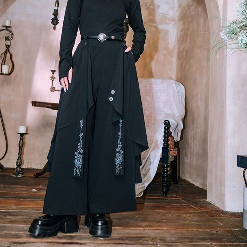 New Chinese Retro Laminated Yaoji Yamamoto Style Irregular Stitching Fake Two-piece Wide-leg Culottes Loose Trousers Pant Skirt D829 black