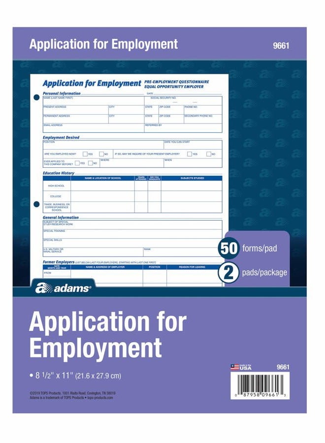 ADAMS Applications for Employment, 8.5 x 11 Inch, 3-Hole Punched, 50-Sheets/Pack, 2-Pack, White (9661) - Image 1