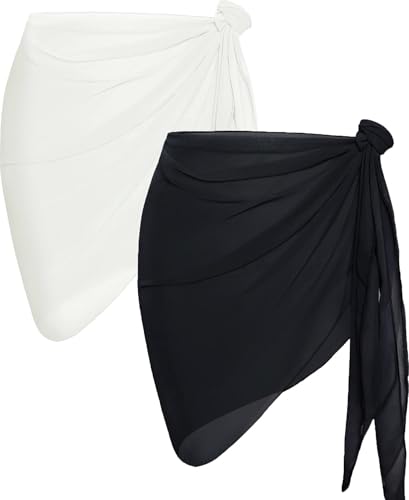 CHICGAL 2 Pieces Women Beach Sarong Bathing Suit Wrap Skirt Sheer Bikini Swimsuit Cover Ups for Swimwear (White and Black) - Image 1