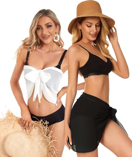 CHICGAL 2 Pieces Women Beach Sarong Bathing Suit Wrap Skirt Sheer Bikini Swimsuit Cover Ups for Swimwear (White and Black) - Image 2