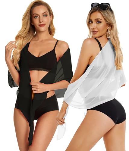 CHICGAL 2 Pieces Women Beach Sarong Bathing Suit Wrap Skirt Sheer Bikini Swimsuit Cover Ups for Swimwear (White and Black) - Image 5