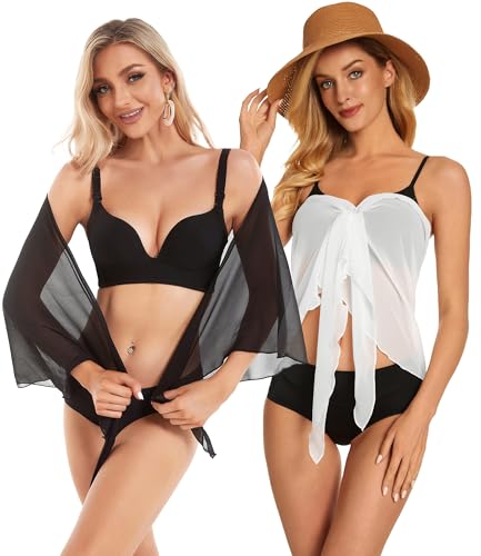 CHICGAL 2 Pieces Women Beach Sarong Bathing Suit Wrap Skirt Sheer Bikini Swimsuit Cover Ups for Swimwear (White and Black) - Image 3