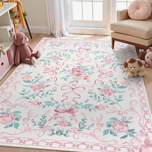 Collive Pink Floral Rugs for Bedroom Girls 5x7 Bow Nursery Rug for Dorm Washable Area Rug for Living Room Cute UltraThin Non Slip Indoor Decor Carpet for Kids Room Playroom Pink 5 x 7