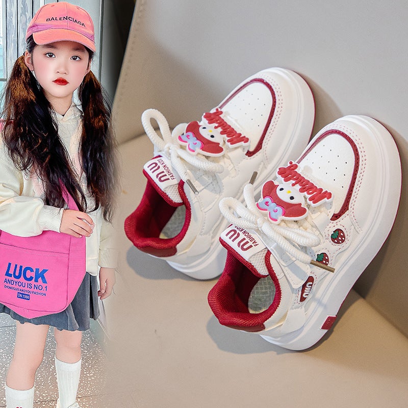 Girls Sneakers Spring Kidsren'S Leather Student White Shoes Girls Casual Shoes Thick Sole Cartoon Mesh - Image 2