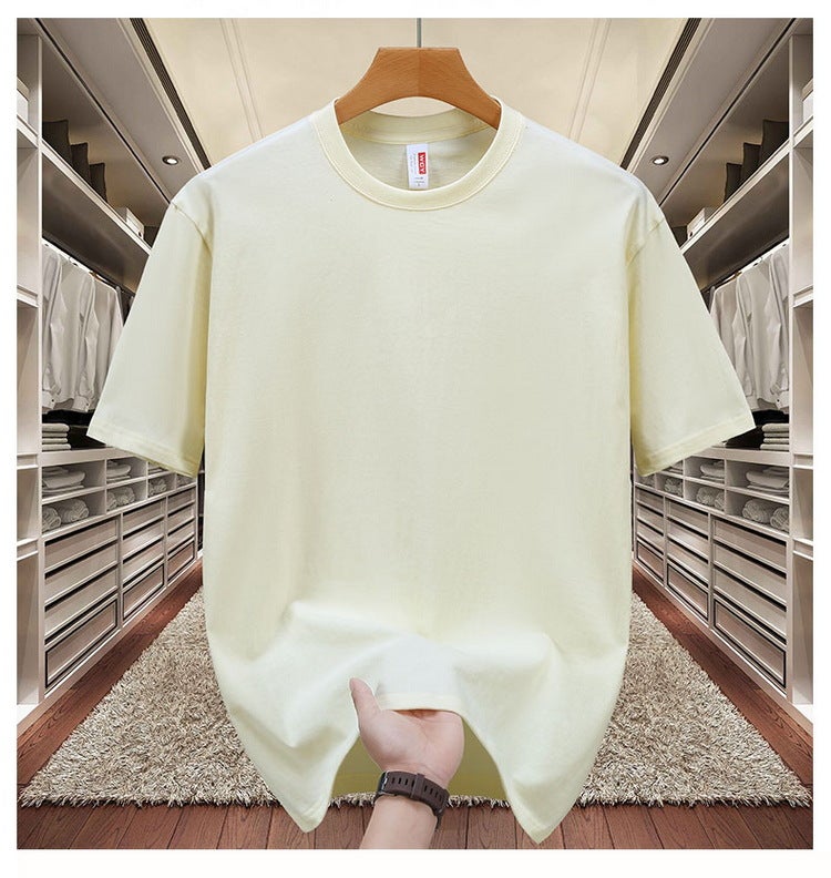 Heavy cotton T-shirt logo summer short sleeve overalls solid color round neck large size shirt jacket wholesale generation Apricot