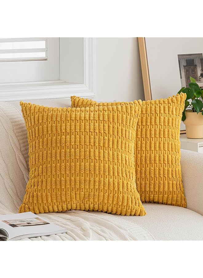 The Bros Mustard Yellow Corduroy Decorative Throw Pillow Covers 18x18 Inch for Couch Living Room Boho Home Decor Square Cushion Covers Pack of 2 Soft Striped Farmhouse Corduroy Pillowcases - Image 1