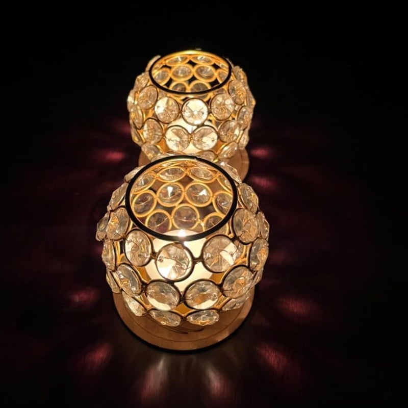 CentraLit Decoartive Tea Light Crsytal Candle Holder Pooja Diya Decoration Items Home Diwali Brass Puja Item Diwali Gift Lantern Pack of 2 Gold - Image 5