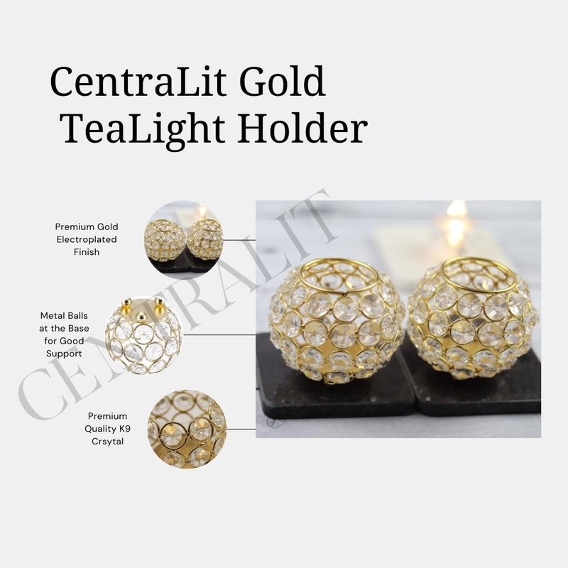 CentraLit Decoartive Tea Light Crsytal Candle Holder Pooja Diya Decoration Items Home Diwali Brass Puja Item Diwali Gift Lantern Pack of 2 Gold - Image 3