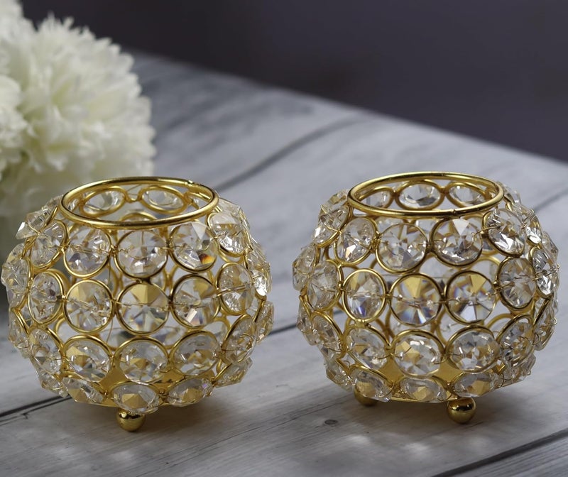 CentraLit Decoartive Tea Light Crsytal Candle Holder Pooja Diya Decoration Items Home Diwali Brass Puja Item Diwali Gift Lantern Pack of 2 Gold - Image 2