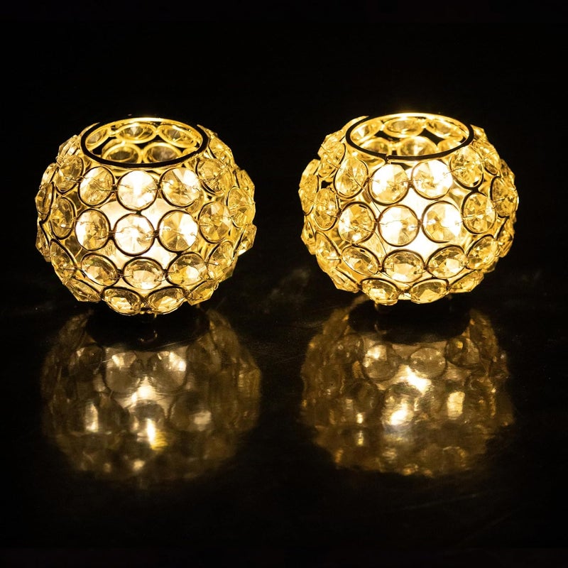 CentraLit Decoartive Tea Light Crsytal Candle Holder Pooja Diya Decoration Items Home Diwali Brass Puja Item Diwali Gift Lantern Pack of 2 Gold - Image 4