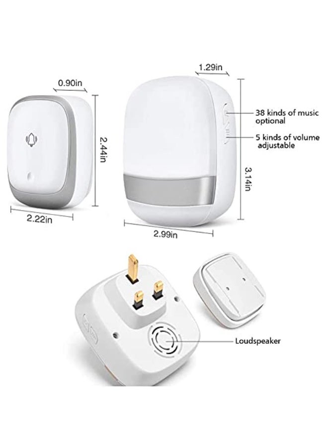 【No Battery Required】Wireless Doorbell,Push Button Self-powered Transmitter Waterproof Flashing Door Bell, AC100-260V Receiver, 38 Chimes 5 Volume Levels (Silver) - Image 2