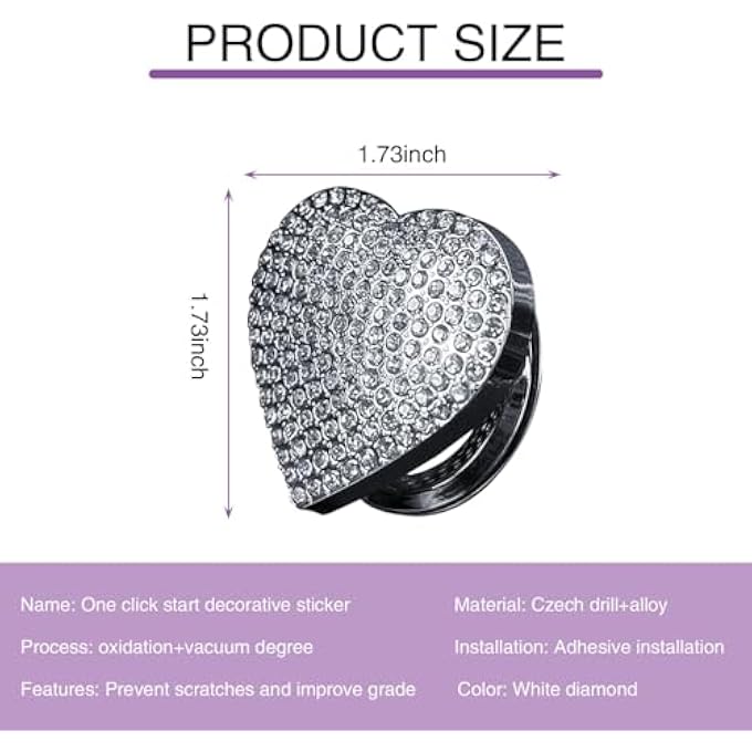 KASTWAVE 1 Pc Bling Car Engine Start Button Cover Rhinestone HeartShaped Shiny OneButton Start Decorative Sticker AntiAccidental Touching Scratch Protective Cover Universal For Most Cars White - Image 2