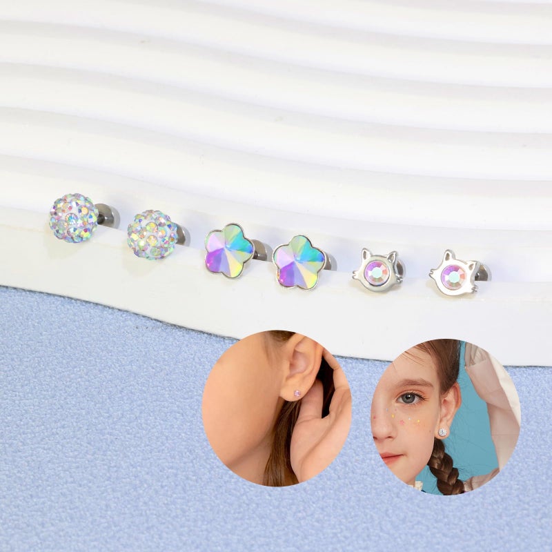 DAILI 12 Pairs Toddler Earrings,Hypoallergenic Titanium Screw Back Earrings for Girls Women,Surgical Stainless Steel Cute Flower Pearl Star Cubic Zirconia Flat Back Stud Earrings for Sensitive Ears - Image 5