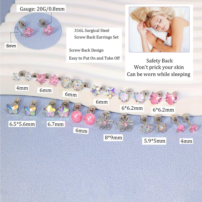 DAILI 12 Pairs Toddler Earrings,Hypoallergenic Titanium Screw Back Earrings for Girls Women,Surgical Stainless Steel Cute Flower Pearl Star Cubic Zirconia Flat Back Stud Earrings for Sensitive Ears - Image 2