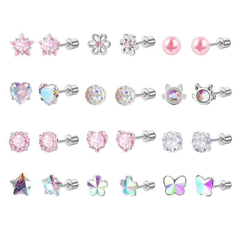 DAILI 12 Pairs Toddler Earrings,Hypoallergenic Titanium Screw Back Earrings for Girls Women,Surgical Stainless Steel Cute Flower Pearl Star Cubic Zirconia Flat Back Stud Earrings for Sensitive Ears - Image 1