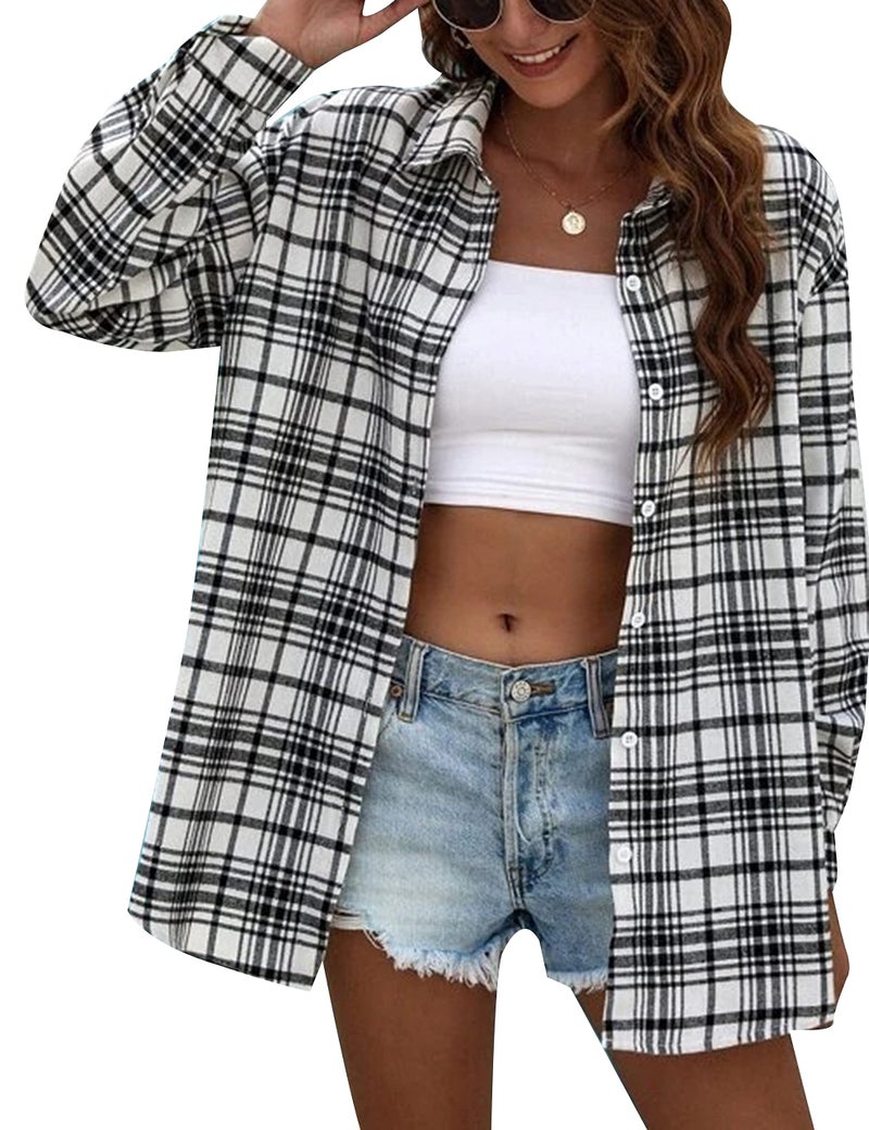 HangNiFang Womens Black and White Flannel Plaid Oversized Button Down Shirts Long Sleeve Top Blouse(0368-White-S) - Image 1