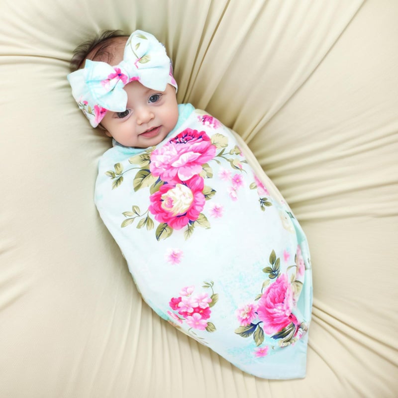Galabloomer Receiving Blanket Headband Set Flower Print Baby Swaddle Blankets - Image 2
