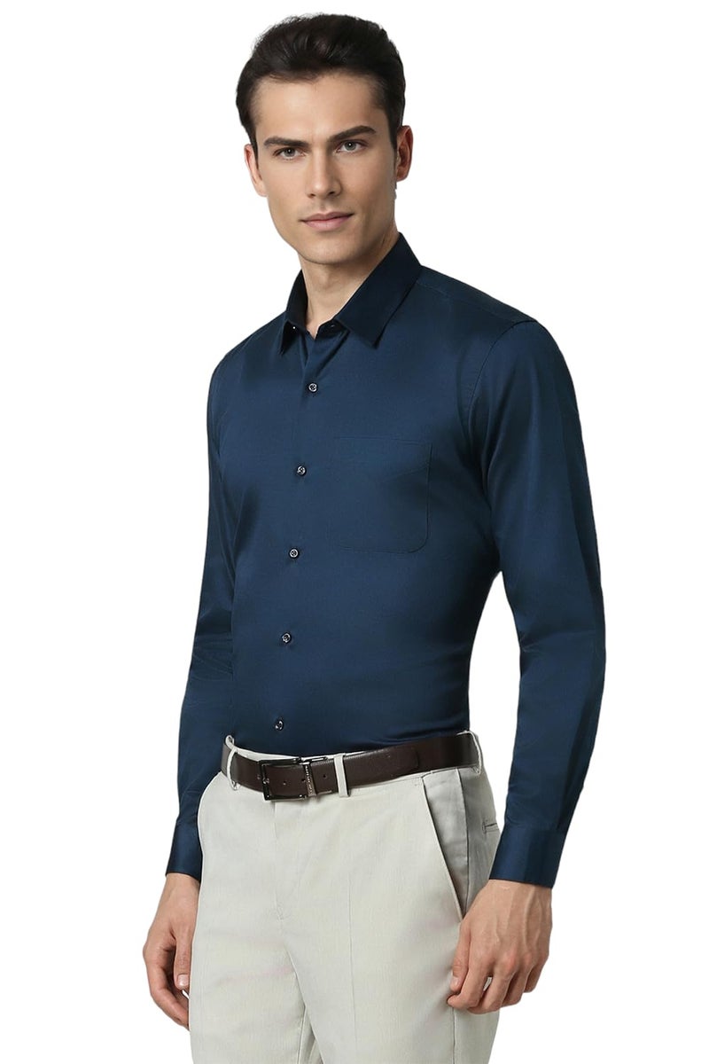 Peter England Men's Satin Solid Regular Fit Full Sleeve Shirt Cotton with Satin Sheen | Luxury Navy - Image 2