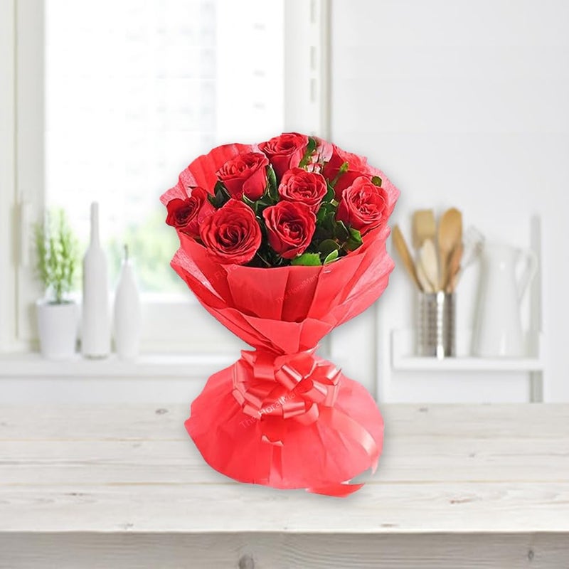 The FloralMart The FloralMart Fresh Flowers Bouquet of 08 Red Roses in Red Paper Wrapping Gift for All Occasions Birthday Anniversary Mothers Day Fathers Day Rakhi