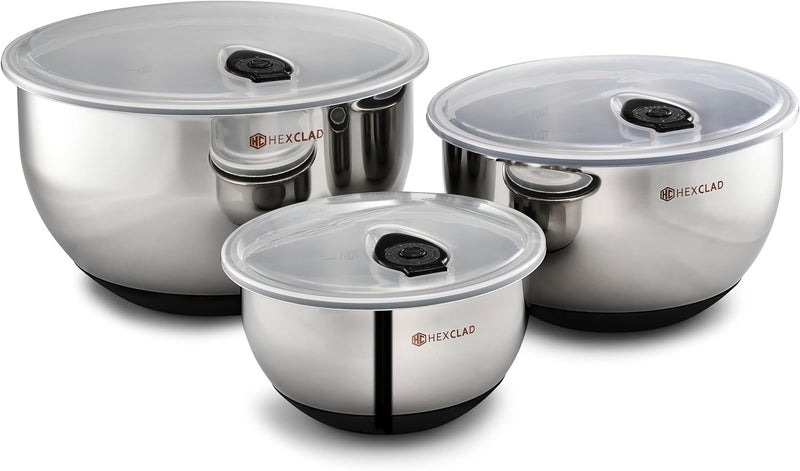 HexClad Stainless Steel Mixing Bowl Set, 3-Piece with Vacuum Seal Lids and Non-Slip Base, 1.3,3 and 5 Quarts - Image 1