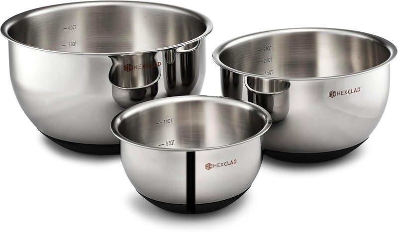 HexClad Stainless Steel Mixing Bowl Set, 3-Piece with Vacuum Seal Lids and Non-Slip Base, 1.3,3 and 5 Quarts - Image 2