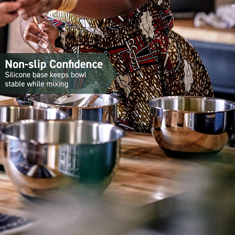 HexClad Stainless Steel Mixing Bowl Set, 3-Piece with Vacuum Seal Lids and Non-Slip Base, 1.3,3 and 5 Quarts - Image 4