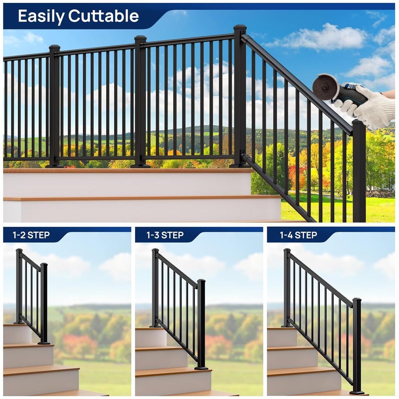 Egadis 1 Pack 36 in. H x 4 ft. W Porch and Deck Railing Kit Without Post, Aluminum Stair Railing Kit, Black Textured Powder-Coat Finish Railing System for Concrete Steps or Wooden Stairs (1 Panel) - Image 4