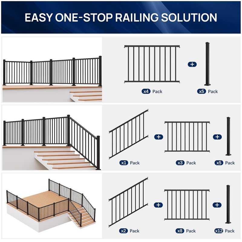 Egadis 1 Pack 36 in. H x 4 ft. W Porch and Deck Railing Kit Without Post, Aluminum Stair Railing Kit, Black Textured Powder-Coat Finish Railing System for Concrete Steps or Wooden Stairs (1 Panel) - Image 3