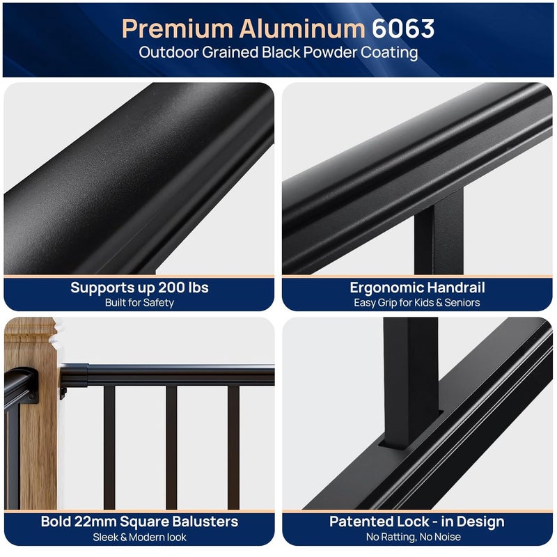 Egadis 1 Pack 36 in. H x 4 ft. W Porch and Deck Railing Kit Without Post, Aluminum Stair Railing Kit, Black Textured Powder-Coat Finish Railing System for Concrete Steps or Wooden Stairs (1 Panel) - Image 2