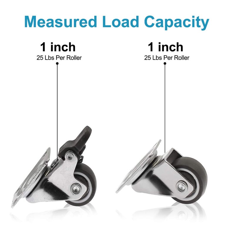Luomorgo 4 Pack 1" Caster Wheels Rubber Swivel Heavy Duty Casters with 360 Degree Top Plate, 100 lbs Total Capacity Caster for Set of 4 (2 with Brakes & 2 without) - Image 4