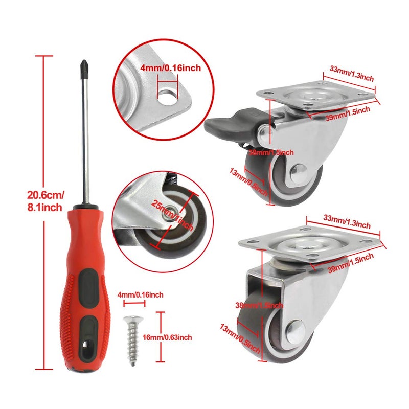 Luomorgo 4 Pack 1" Caster Wheels Rubber Swivel Heavy Duty Casters with 360 Degree Top Plate, 100 lbs Total Capacity Caster for Set of 4 (2 with Brakes & 2 without) - Image 5