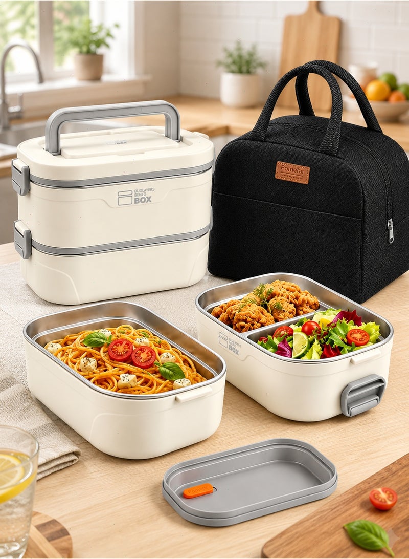 Bento Box with Insulated Lunch Bag, 2 Stackable Leak-Proof Bento Box BuiltIncludes Lunch Bag（Beige） - Image 1