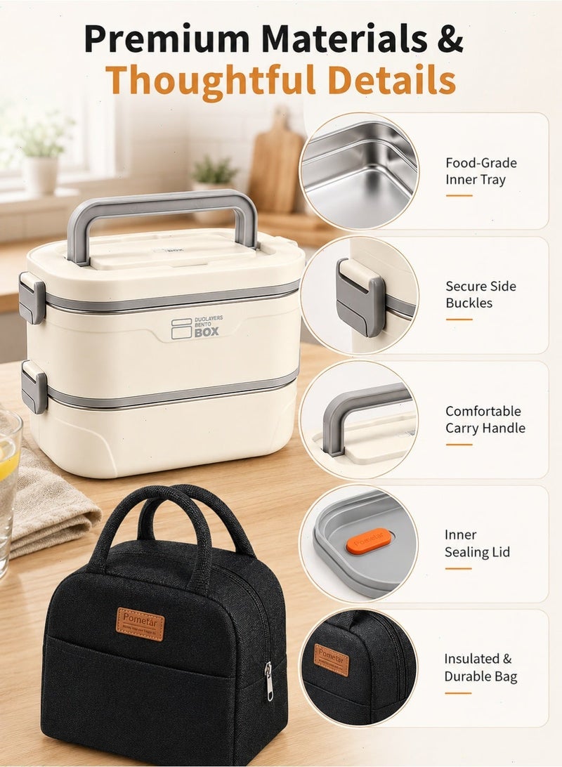 Bento Box with Insulated Lunch Bag, 2 Stackable Leak-Proof Bento Box BuiltIncludes Lunch Bag（Beige） - Image 4