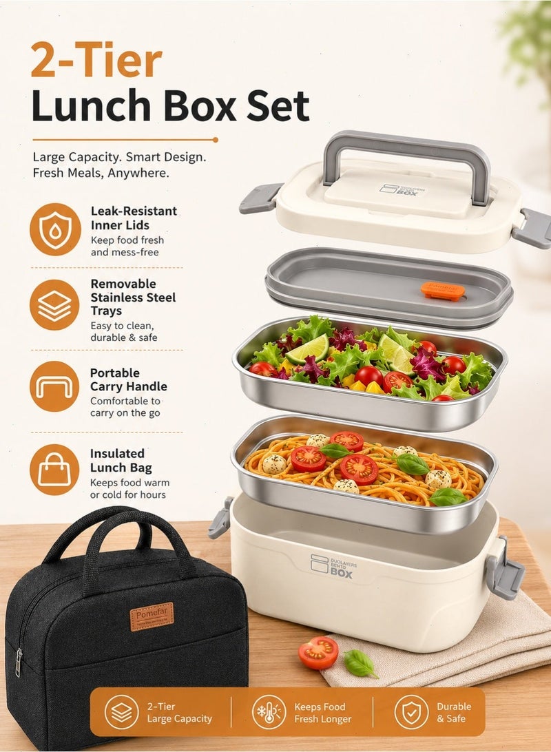 Bento Box with Insulated Lunch Bag, 2 Stackable Leak-Proof Bento Box BuiltIncludes Lunch Bag（Beige） - Image 3