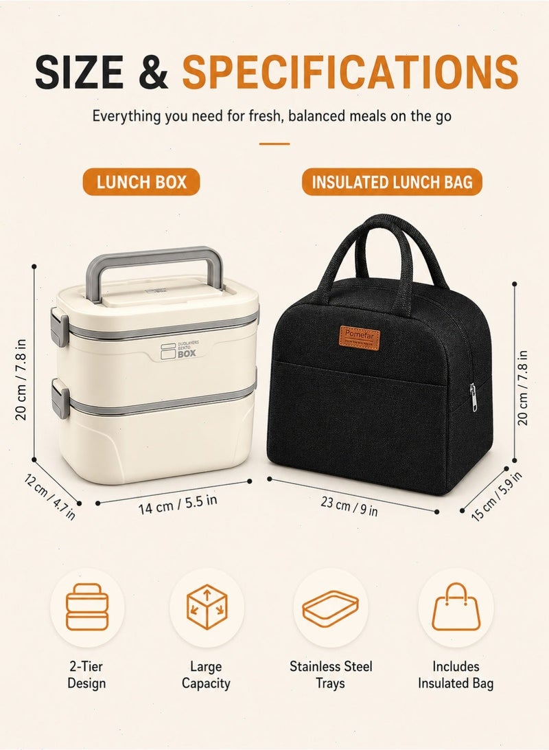Bento Box with Insulated Lunch Bag, 2 Stackable Leak-Proof Bento Box BuiltIncludes Lunch Bag（Beige） - Image 2