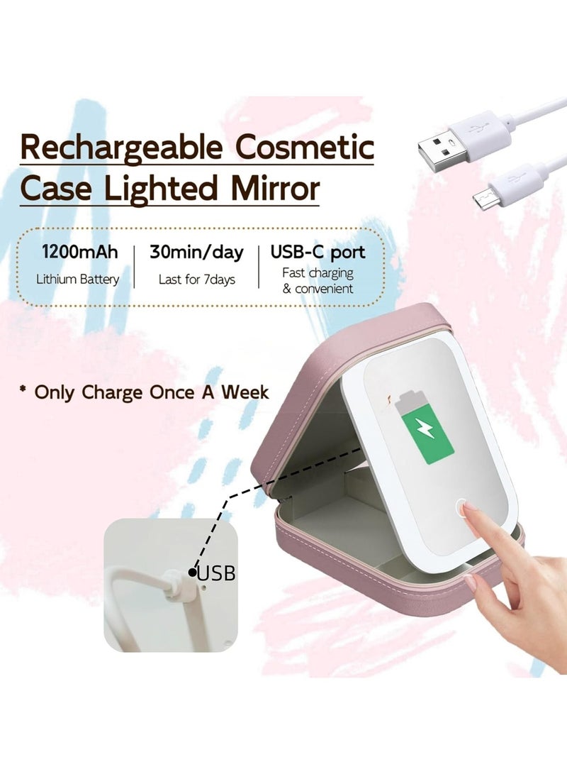 2 in 1 Jewelry Box, Travel Makeup Bag with LED Lighted, Make up Case with Lighting Mirror, Portable Cosmetic Bags, Beauty Tools Organizer, Rechargeable 3 Color Lights for Women（Pink）  - Image 3