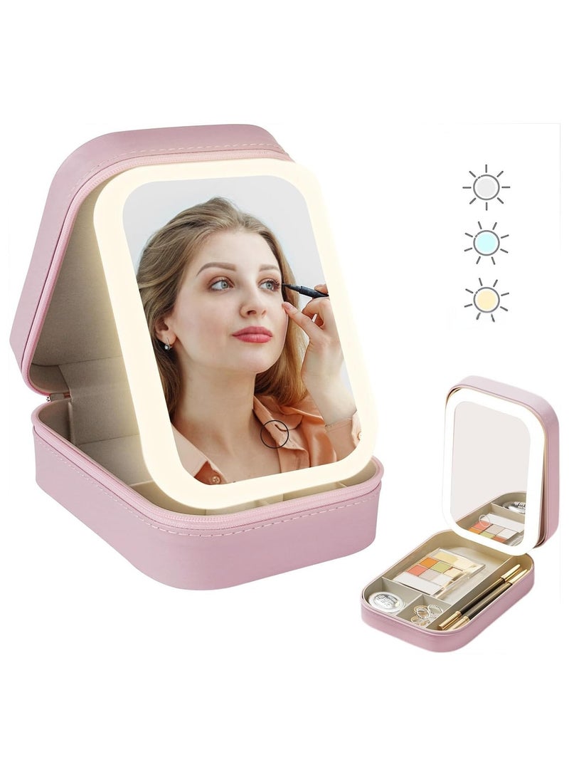 2 in 1 Jewelry Box, Travel Makeup Bag with LED Lighted, Make up Case with Lighting Mirror, Portable Cosmetic Bags, Beauty Tools Organizer, Rechargeable 3 Color Lights for Women（Pink）  - Image 1
