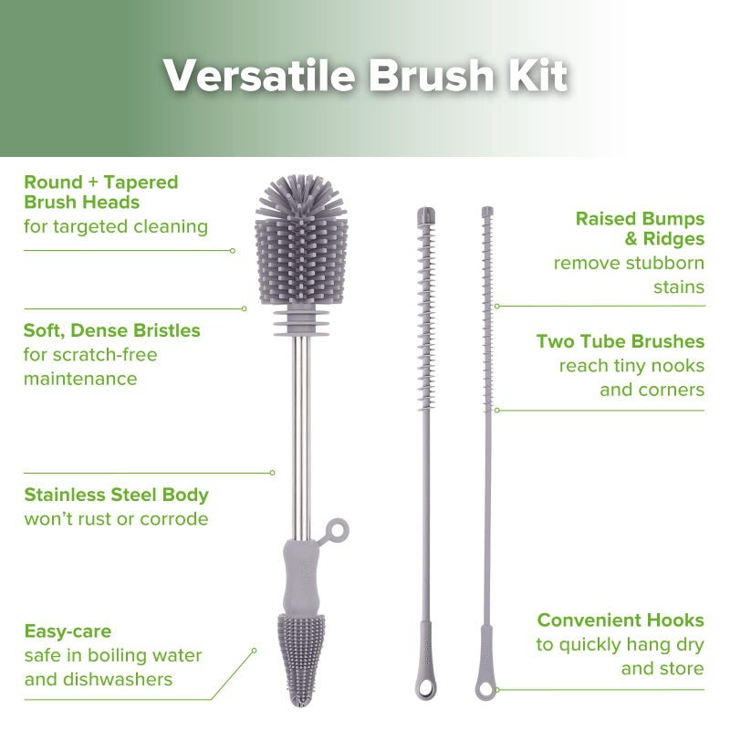 haakaa Silicone Cleaning Brush Kit - SUVA Grey - Bottle Brush for Breast Pumps, Breast Milk Collector, Baby Bottles, Nipples, Breastmilk Storage Bags - Image 4