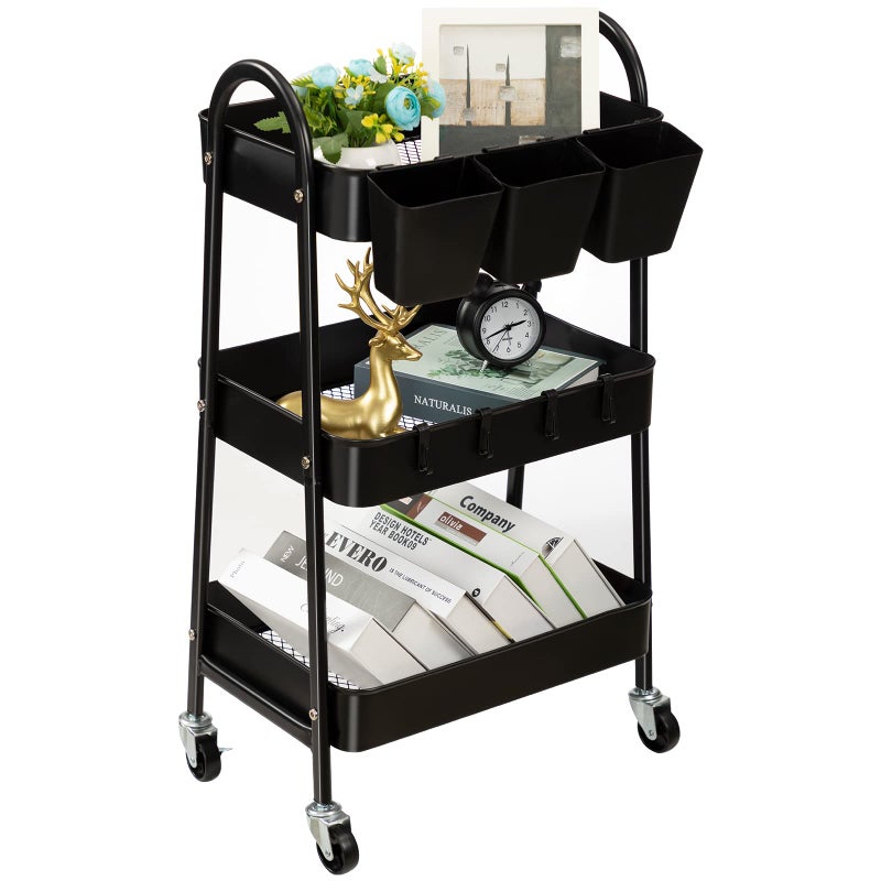 danpinera 3Tier Rolling Cart Metal Rolling Storage Cart with Lockable Wheels  Hanging Cups  Hooks Mobile Trolley Cart for Kitchen Bathroom Office Workshop Black