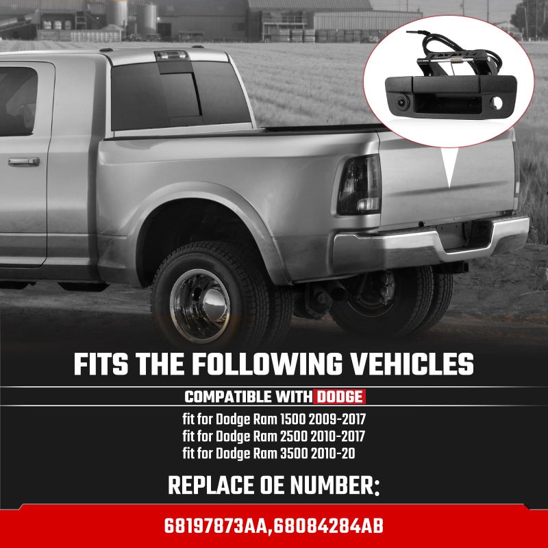 ISINSWIFT Tailgate Handle Backup Camera Fit for Dodge RAM 1500 2009-2017,Fit for Dodge RAM 2500 3500 2010-2017 Tailgate Reversing Rear View Park Assist Camera RCA Plug Replace# 68084284AB - Image 2
