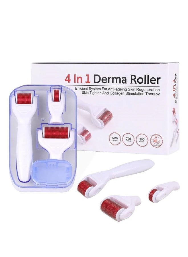 Red Blossom 4 in 1 Derma Roller Kit – Microneedle Roller for Face, Beard & Body – Skin Rejuvenation, Anti-Aging, Scar & Stretch Mark Treatment with 3 Replaceable Heads & Storage Case - Image 1