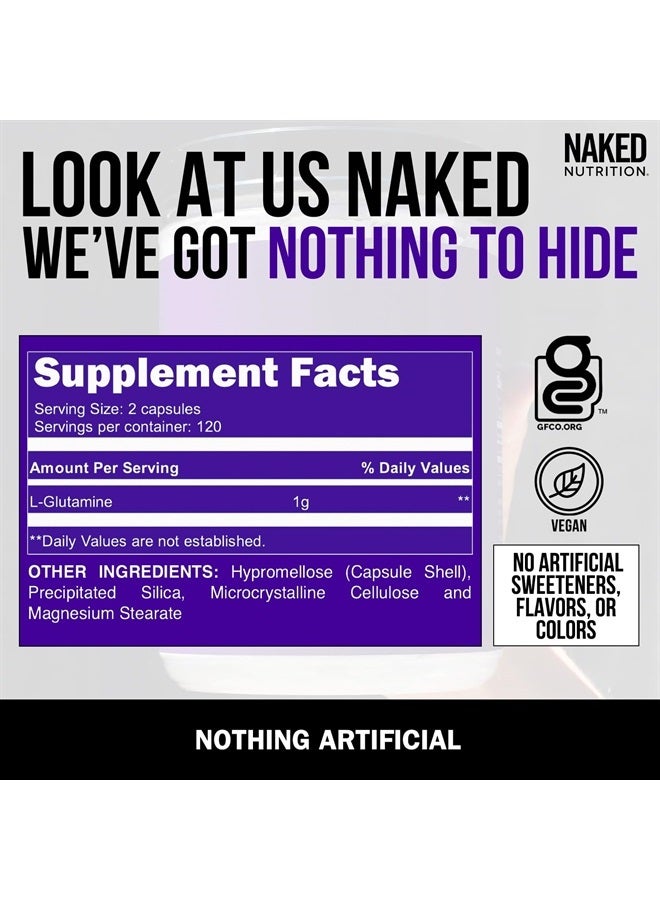 NAKED nutrition Pure L-Glutamine Capsules - 120 Servings - Made in The USA, Vegan, Non-GMO, Gluten and Soy Free. Minimize Muscle Breakdown & Improve Protein Synthesis, Nothing Artificial - Image 4