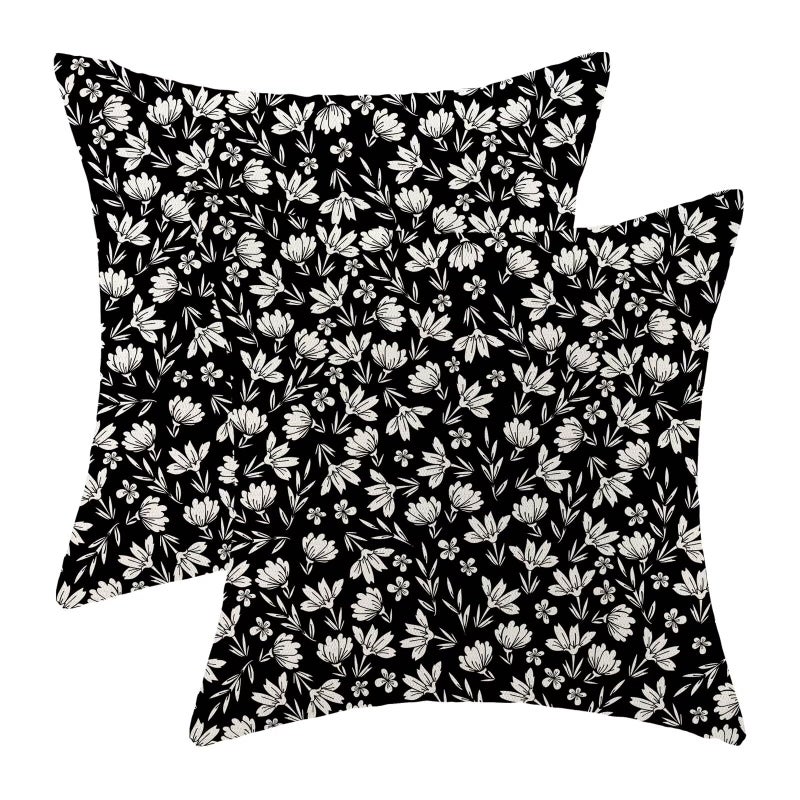 AEIOAE Black Daisy Floral Pillow Covers 18x18 Inch Set of 2  Vintage Block Print Flowers Decorative Outdoor Throw Pillows Farmhouse Linen Floral Pillow Case for Sofa Couch Decor - Image 1