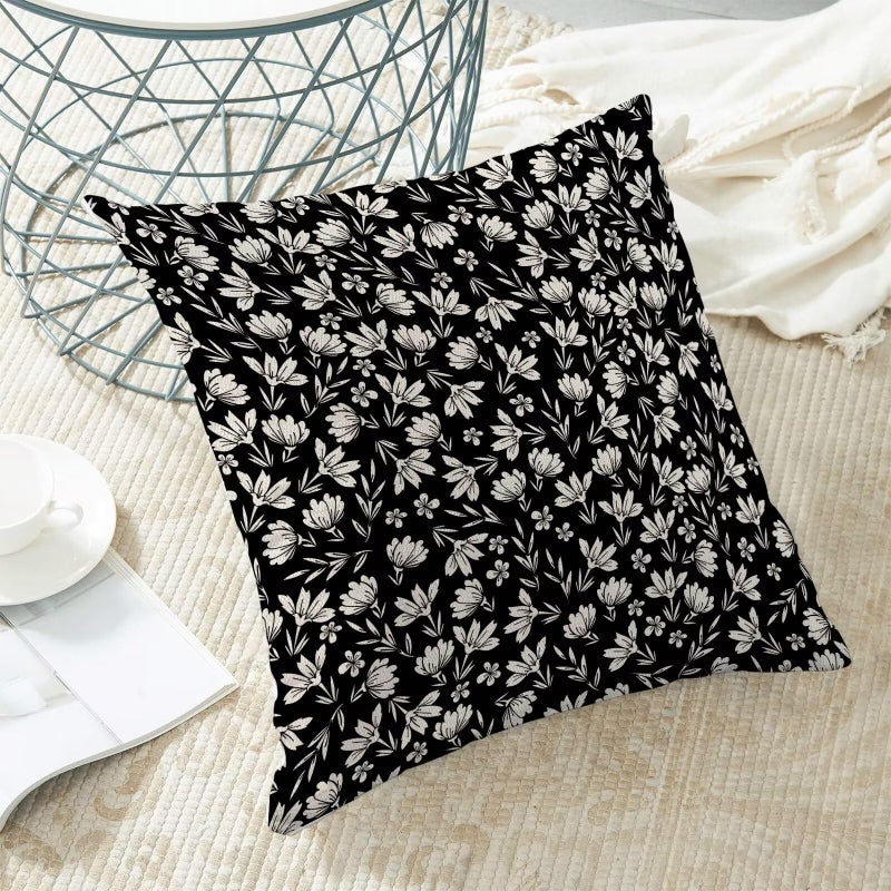 AEIOAE Black Daisy Floral Pillow Covers 18x18 Inch Set of 2  Vintage Block Print Flowers Decorative Outdoor Throw Pillows Farmhouse Linen Floral Pillow Case for Sofa Couch Decor - Image 5