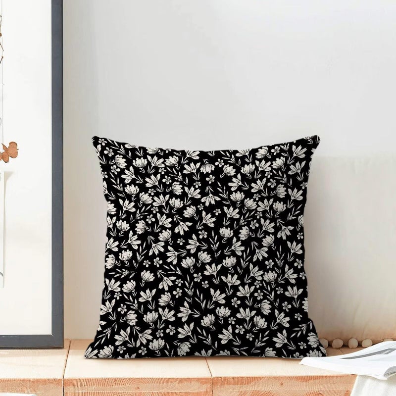AEIOAE Black Daisy Floral Pillow Covers 18x18 Inch Set of 2  Vintage Block Print Flowers Decorative Outdoor Throw Pillows Farmhouse Linen Floral Pillow Case for Sofa Couch Decor - Image 3